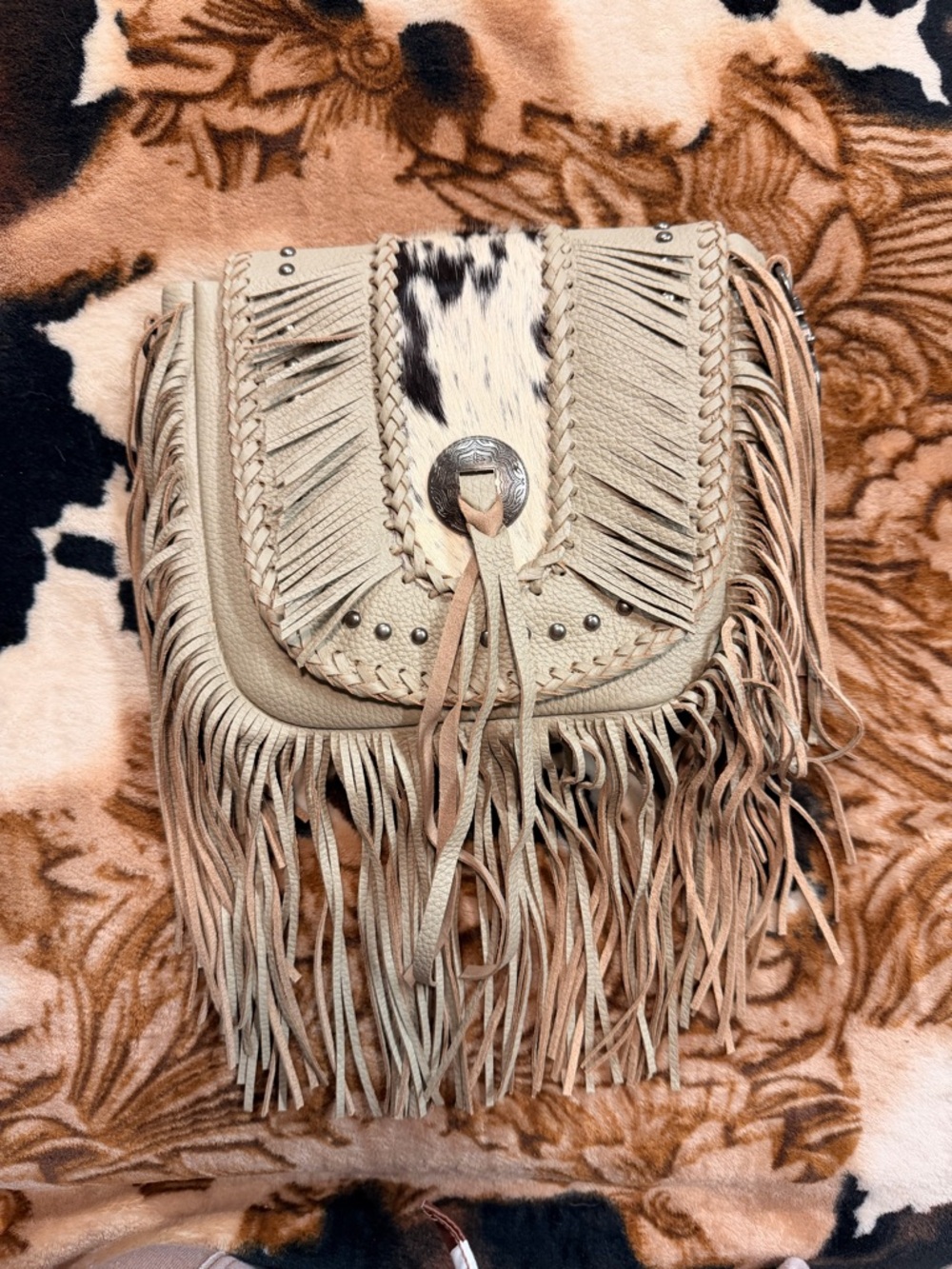 Fringe Crossbody Bag with Cowhide Accent - Beige
